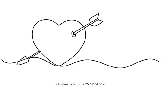 Valentine's Day Icon, Love at First Sight Vector Editable Line Illustration, Cupid s arrow in the continuous drawing of lines in the form of a heart with pastel neon color design. Continuous black. 