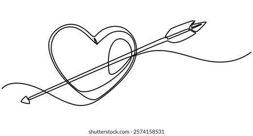 Valentine's Day Icon, Love at First Sight Vector Editable Line Illustration, Cupid s arrow in the continuous drawing of lines in the form of a heart with pastel neon color design. Continuous black. 