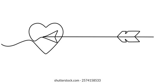 Valentine's Day Icon, Love at First Sight Vector Editable Line Illustration, Cupid s arrow in the continuous drawing of lines in the form of a heart with pastel neon color design. Continuous black. 