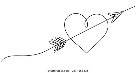 Valentine's Day Icon, Love at First Sight Vector Editable Line Illustration, Cupid s arrow in the continuous drawing of lines in the form of a heart with pastel neon color design. Continuous black. 