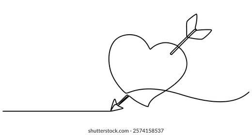 Valentine's Day Icon, Love at First Sight Vector Editable Line Illustration, Cupid s arrow in the continuous drawing of lines in the form of a heart with pastel neon color design. Continuous black. 