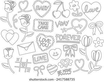 Valentine's Day icon outlines such as red rose, pink heart, flowers, love letter for sticker, tattoo, logo, card, decoration, print, sign, symbol, clothing, accessories, banner, colouring book