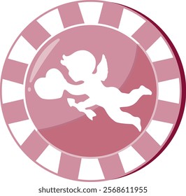 valentines day icon of pink casino poker chip with cupid print holding heart and cupid's arrow for holiday designs and posters	