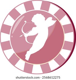 Valentine's Day icon of a pink casino poker chip with cupid shooting a cupid's arrow from a crossbow, for holiday designs and posters