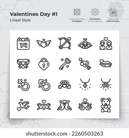 Valentine's day icon set in black line style with a love and heart theme. A Collection of love and romance vector symbols for Valentine's Day celebration. 

