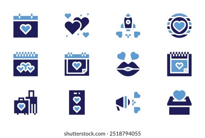 Valentine's day icon set. Bold style. Duotone colors. rocket, megaphone, smartphone, honeymoon, valentines day, kiss, hearts, wedding day.