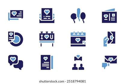 Valentine's day icon set. Bold style. Duotone colors. ballons, couple, letter, love message, love letter, chat, publicity, menu, romantic date.