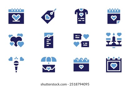 Valentine's day icon set. Bold style. Duotone colors. wedding date, menu, heart, microphone, letter, calendar, label, valentines day, dating, chat, shirt.