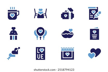 Valentine's day icon set. Bold style. Duotone colors. love message, muffin, love, valentines day, cupid, ballons, lips, romantic dinner, mug.