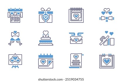 Valentine's day icon set. Bold line style. Duotone colors. Editable stroke. present, valentines day, letter, romantic, love letter, picture, calendar, toast, location, chat, smartwatch.