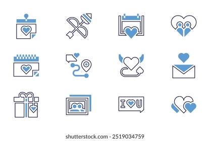 Valentine's day icon set. Bold line style. Duotone colors. Editable stroke. location, wedding, romantic date, couple, heart, letter, arrow, love message, chat, publicity, menu.