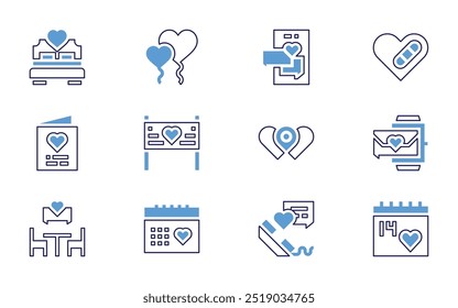 Valentine's day icon set. Bold line style. Duotone colors. Editable stroke. valentines day, romantic, toast, love, bed, heart balloon, location, banner, card, healing, chat, smartwatch.