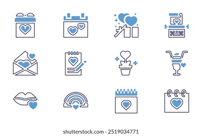 Valentine's day icon set. Bold line style. Duotone colors. Editable stroke. wedding day, rainbow, milkshake, notebook, valentines day, plant, kiss, letter, megaphone.