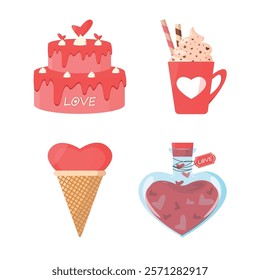 Valentine's Day icon set. Cake, cocoa with cream, ice cream, love potion. Love, romance.