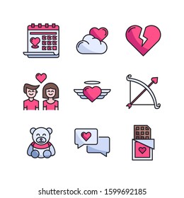 Valentines day icon set = Calendar, Cloud Love, Broken Heart, Couple, Angel, Archer, Teddy Bear, Chat, Chocolate