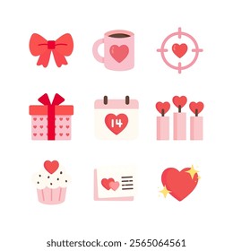 Valentine's day icon set. Calendar, gift box, cupcake, ribbon bow, heart candles, letter. Holiday celebration, love, romance, february concepts. Flat decorative vector design isolated illustration.