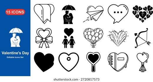Valentine's Day Icon Set: Uma coleção cativante de ícones intricadamente projetados para celebrar o amor, o romance e o espírito do Dia dos Namorados. Cada ícone fala muito sobre afeto e devoção. 