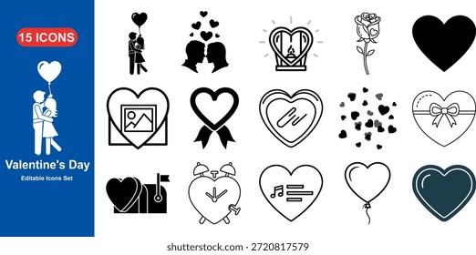 Valentine's Day Icon Set: Uma série cativante de 15 ícones únicos, lindamente projetado para capturar a essência do romance, afeto e celebração.