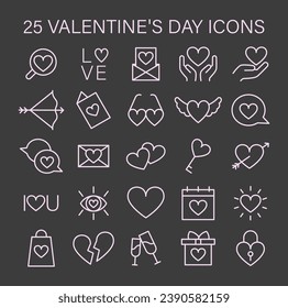 Valentine's Day icon set capturing essence of love with hearts, gifts, and romantic symbols, ideal for expressing heartfelt emotions. Flat vector illustration.