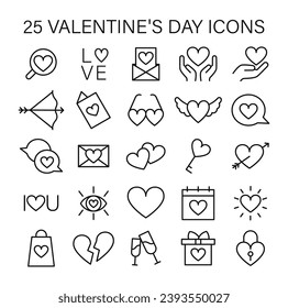 Valentine's Day icon set capturing essence of love with hearts, gifts, and romantic symbols, ideal for expressing heartfelt emotions. Flat vector illustration.
