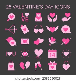 Valentine's Day icon set capturing essence of love with hearts, gifts, and romantic symbols, ideal for expressing heartfelt emotions. Flat vector illustration.