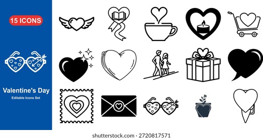 Valentine's Day Icon Set: Una encantadora colección de íconos del Día de San Valentín, cada uno transmitiendo sentimientos de amor, romance y conexión. Incluye corazón, carta de amor y otros símbolos relacionados.