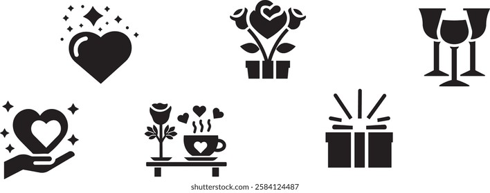 Valentine's Day icon set. containing flower, hand,  heart, love, gift and more black vector design 