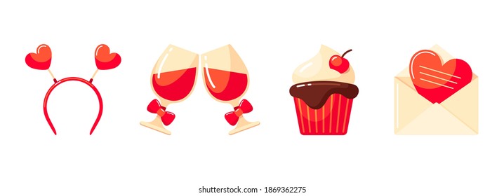 Valentine's Day icon set. Cupcake, Valentine card, glasses with red wine and hair band. Vector flat illustrations.