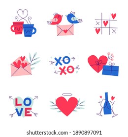 Juego de iconos de San Valentín. Ilustración adecuada para pegatinas, etiquetas, iconos web, tarjetas. Diseñar elementos para el día de San Valentín. Iconos vectores.