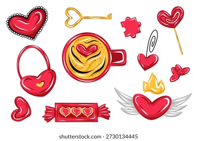 Valentine's Day icon set with cute heart symbols, coffee cup, candy, key and love elements in red and gold colors, hand drawn vector. Good for cards, stickers, packaging, romantic designs