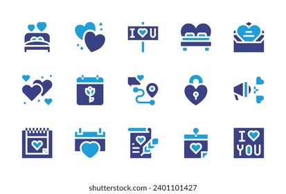 Valentine's Day icon set. Duotone color. Vector illustration. Containing heart, valentines day, bed, padlock, love message, letter, location, megaphone, parchment, hearts.