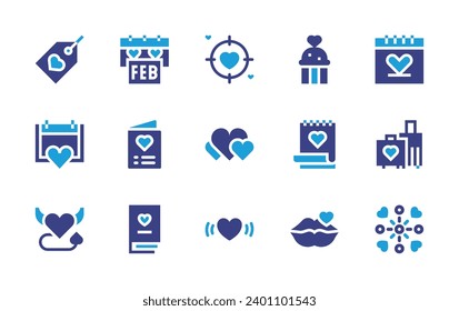 Valentine's Day icon set. Duotone color. Vector illustration. Containing valentines day, greeting card, honeymoon, target, book, celebration, heart, beat, label, muffin, romantic date, calendar, lips.