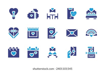 Valentine's Day icon set. Duotone color. Vector illustration. Containing love, valentines day, message, letter, date, notebook, typewriter, toast, heart, bed, chocolate box, rainbow.