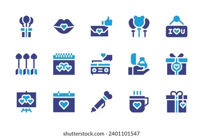 Valentine's Day icon set. Duotone color. Vector illustration. Containing kiss, valentines day, wedding day, love message, radio, picture, ballpoint, balloons, i love you, gift, proposal, love, arrow.