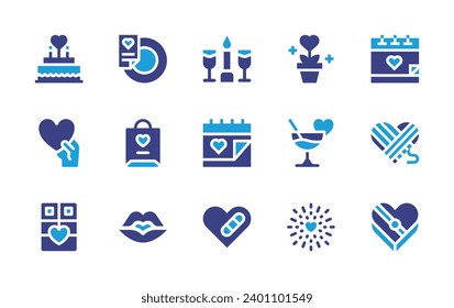 Valentine's Day icon set. Duotone color. Vector illustration. Containing romantic, plant, love, cocktail, chocolate, fireworks, romantic dinner, menu, romantic date, calendar, shopping bag, wool.