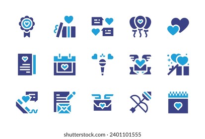 Valentine's Day icon set. Duotone color. Vector illustration. Containing present, love, valentines day, wedding day, chat, microphone, letter, balloon, badge, love badge, love letter, arrow.