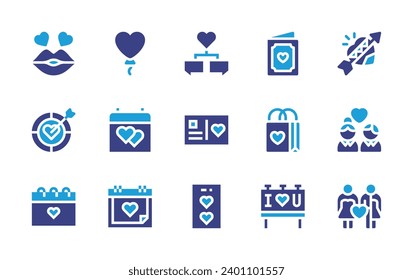 Valentine's Day icon set. Duotone color. Vector illustration. Containing ballons, valentines day, message, bag, chat, publicity, postcard, smartphone, heart, kiss, couple, target, married.