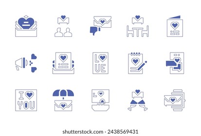 Valentine's Day icon set. Duotone style line stroke and bold. Vector illustration. Containing couple, date, heartbreak, letter, card, notebook, love message, megaphone, chat, toast, mirror, smartwatch