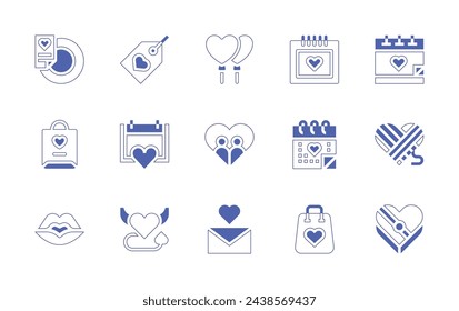 Valentine's Day icon set. Duotone style line stroke and bold. Vector illustration. Containing label, date, balloons, menu, romantic date, calendar, couple, shopping bag, wool, heart, letter, kissing.