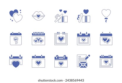 Valentine's Day icon set. Duotone style line stroke and bold. Vector illustration. Containing present, heart, ballons, kiss, valentines day, wedding day.