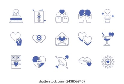 Valentinstag-Icon-Set. Linienstrich im Duotonstil und fett. Vektorgrafik. Enthaltene Karte, Puzzle, Beziehung, romantisch, Pflanze, Ort, Gummies, Nachricht, Liebe, Cocktail, Geschenk, Kuss.