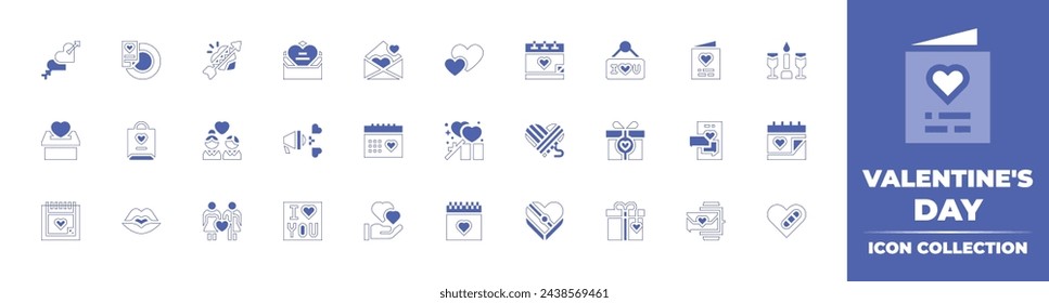 Conjunto de iconos de San Valentín. Trazo de línea de estilo duotono y negrita. Ilustración vectorial. Conteniendo cupido, amor, día de San Valentín, día de la boda, carta, tarjeta, megáfono, chat, mensaje de amor, reloj inteligente.