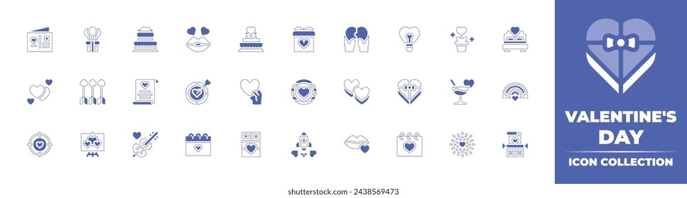 Valentinstag-Icon-Set. Linienstrich im Duotonstil und fett. Vektorgrafik. Enthaltend Valentinstag, Kuchen, Puzzle, Postkarte, romantisch, Pflanze, Liebesbrief, Gummis, Herzen, Liebe, Cocktail.