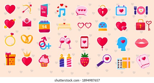 Valentines day icon set flat style love romance and dating symbol collection.Elements for your design.Labels and Emblems.To decorate the greeting cards.Sticker cartoon style.Vector illustration.