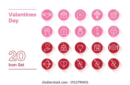 Valentines Day Icon Set flat outline style. 20 icon set of Valentines Day illustration Drink, Dinner, Shopping, Love, Heart, Ring, Gifts, Conversation, Activities. Editable Stroke.