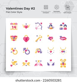 Valentine's day icon set in flat color style with a love and heart theme. A Collection of love and romance vector symbols for Valentine's Day celebration.