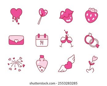 Valentines Day icon set, flat style. Perfect for stickers and greeting cards. Love, romance and dating symbols collection, design element, object isolated. Cute Valentine's Day icons.