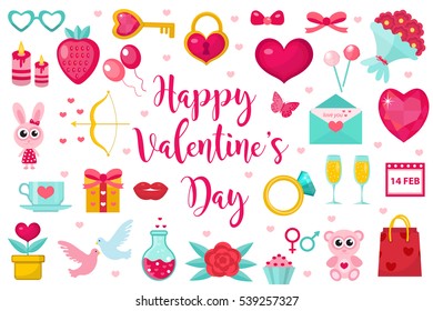 Valentine's Day icon set, flat style. Love, romance and dating symbols collection, design element, object isolated on white background. Heart, love letter, flowers, gift. Vector illustration, clip art