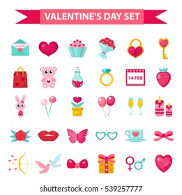 Valentine's Day icon set, flat style. Love, romance and dating symbols collection, design element, object isolated on white background. Heart, love letter, flowers, gift. Vector illustration, clip art