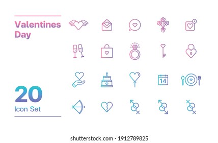 Valentines Day Icon Set gradient outline style. 20 icon set of Valentines Day illustration Drink, Dinner, Shopping, Love, Heart, Ring, Gifts, Conversation, Activities. 